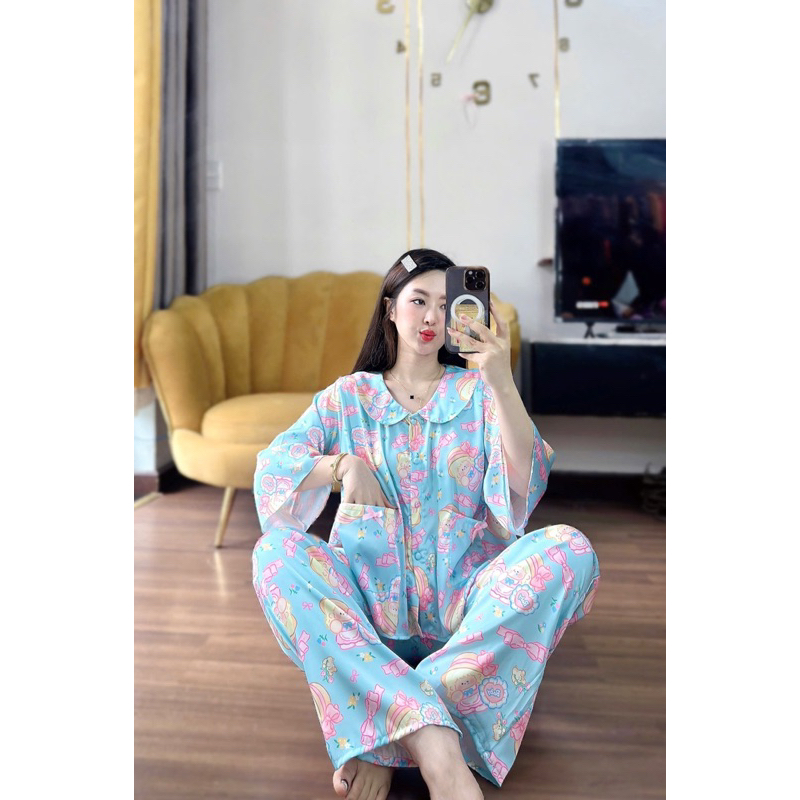 45-65kg bộ pijama cổ sen tay loe hoạ tiết vải latin mát mềm