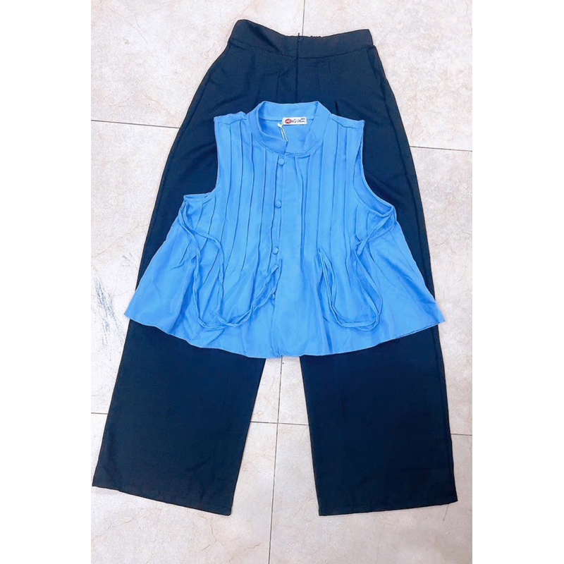 B01- sét bộ xếp ly mango, áo sắt nách cổ cao xếp ly dáng xoè, quần đũi suông dài 4(40-62kg)