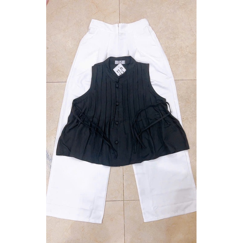 B01- sét bộ xếp ly mango, áo sắt nách cổ cao xếp ly dáng xoè, quần đũi suông dài 4(40-62kg)