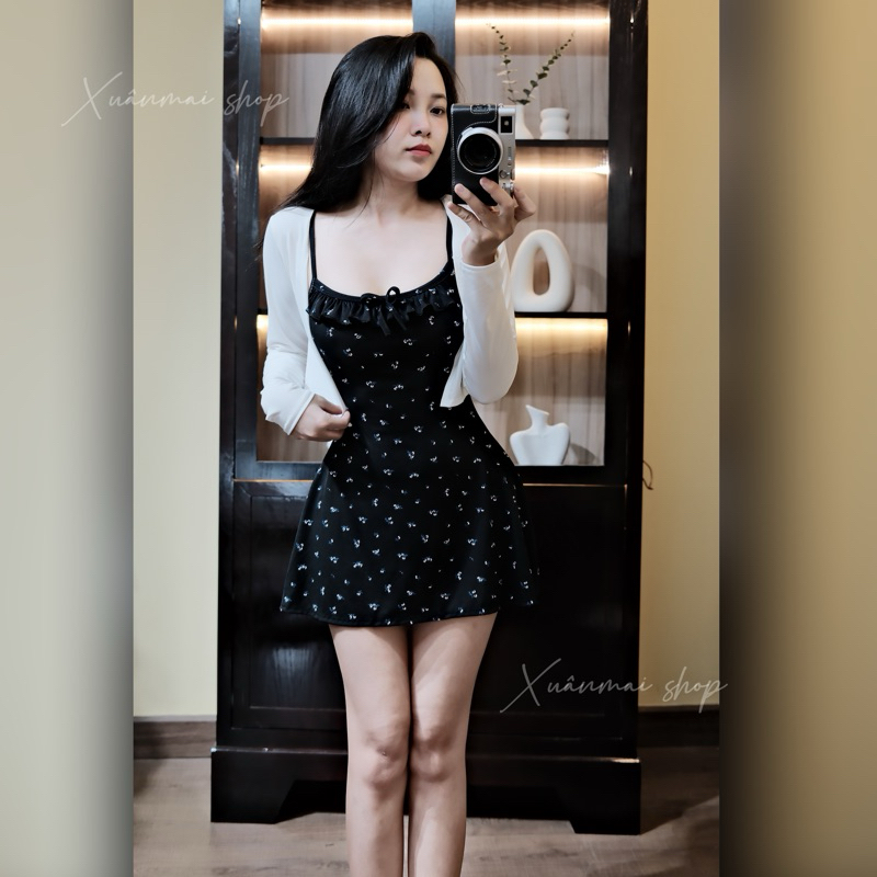 Xuanmaishop Đầm HOA NHÍ dáng a kèm khoác ngoài hoạ tiết hoa nhí xinh xắn Xuân Mai Shop dáng a ngắn và dài đệm mút