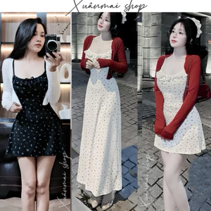 Xuanmaishop Đầm HOA NHÍ dáng a kèm khoác ngoài hoạ tiết hoa nhí xinh xắn Xuân Mai Shop dáng a ngắn và dài đệm mút