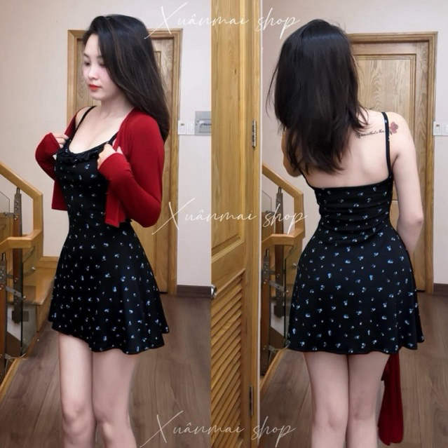 Xuanmaishop Đầm HOA NHÍ dáng a kèm khoác ngoài hoạ tiết hoa nhí xinh xắn Xuân Mai Shop dáng a ngắn và dài đệm mút