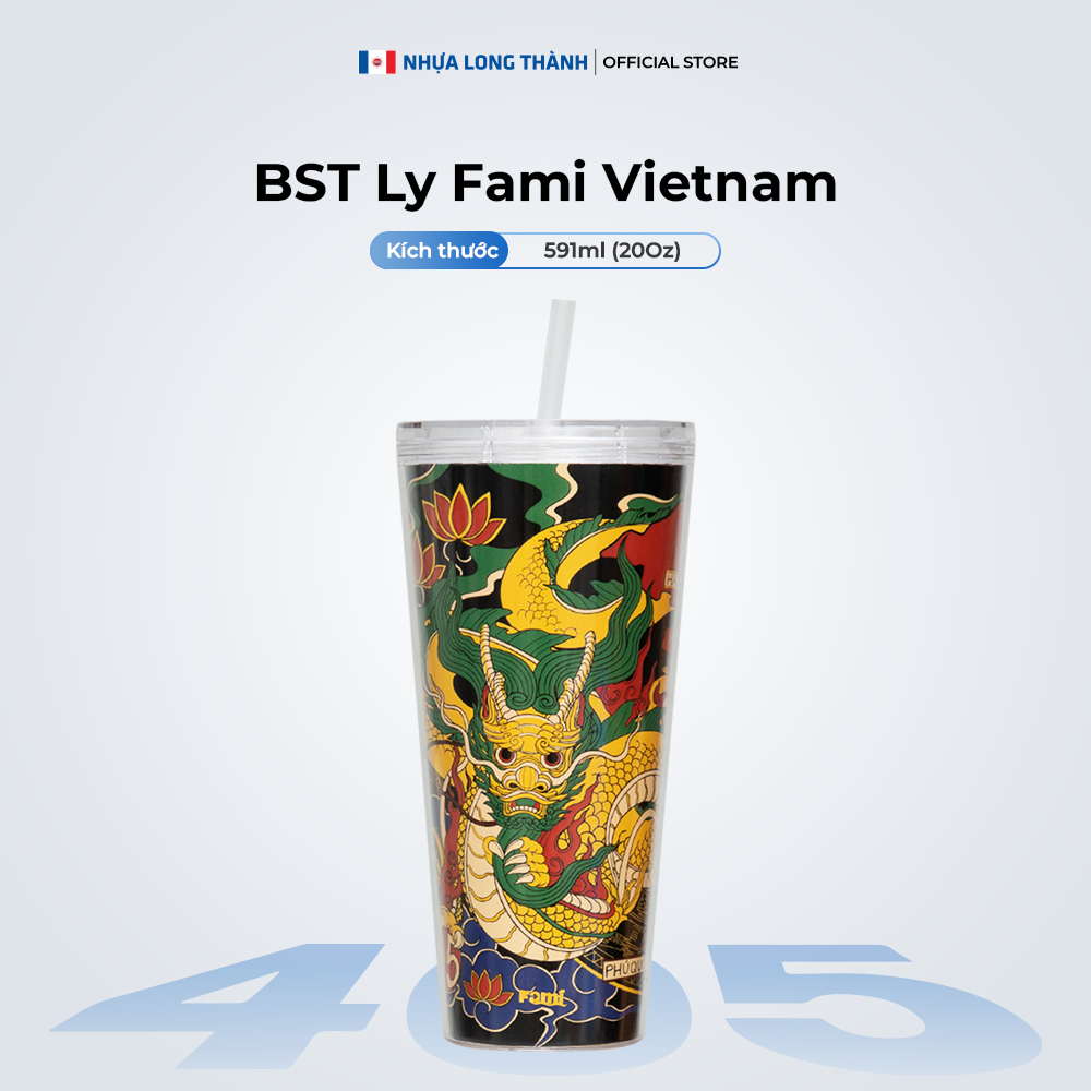 Ly nhựa cách nhiệt 2 lớp FAMI Vietnam 591ml có nắp đậy chống tràn và ống hút tiện lợi, nhựa nguyên sinh thân thiện với m