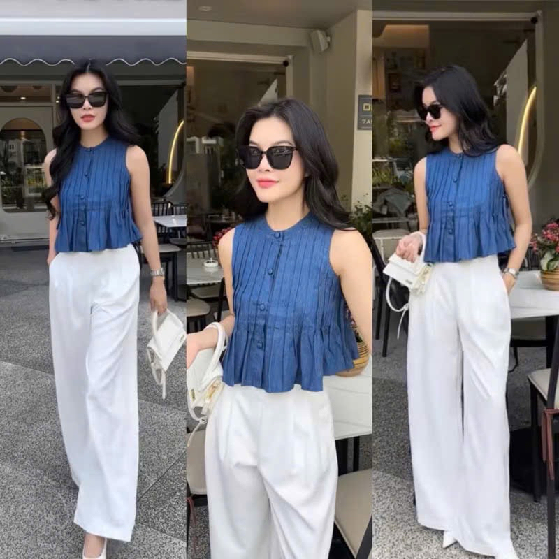 B01- sét bộ xếp ly mango, áo sắt nách cổ cao xếp ly dáng xoè, quần đũi suông dài 4(40-62kg)