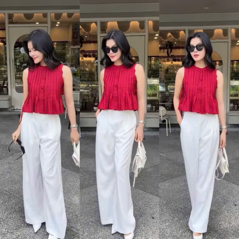 B01- sét bộ xếp ly mango, áo sắt nách cổ cao xếp ly dáng xoè, quần đũi suông dài 4(40-62kg)