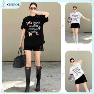 Set ( Áo Thun Đen + Chân Váy Ngắn )  Áo Phông Nữ Chepol Unisex In Nổi, Cổ tròn, Tay ngắn, Chất Cotton Co Dãn CP_x9253