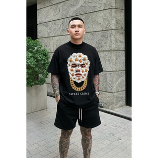 Bộ Thun Nam Chepol Cao Cấp, In SWEET CRIME , Chất Cotton Co Giãn 2 Chiều, Mềm Mịn (ÁO THUN ĐEN + QUẦN ĐÙI ĐEN)CP_x6727