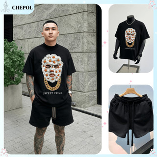 Bộ Thun Nam Chepol Cao Cấp, In SWEET CRIME , Chất Cotton Co Giãn 2 Chiều, Mềm Mịn (ÁO THUN ĐEN + QUẦN ĐÙI ĐEN)CP_x6727