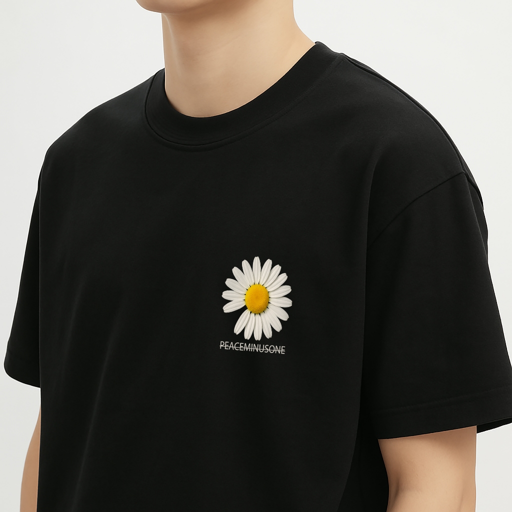 Áo thun đen PEACEMINUSONE 100% cotton co giãn thấm hút mồ hôi 40-100kg form suông Unisex Basetee