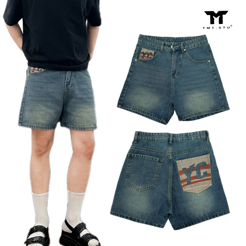 QUẦN SHORT THÊU TÚI “YC” - FORM TRÊN GỐI, JEANS COTTON, KHÔNG CO GIÃN (Form Unisex, định lương vải 360Gsm) | TMTD14