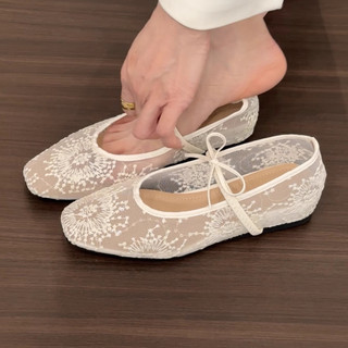 (Lùi 1 sz) Giày nữ búp bê đế bệt vải ren thắt nơ Mã 076