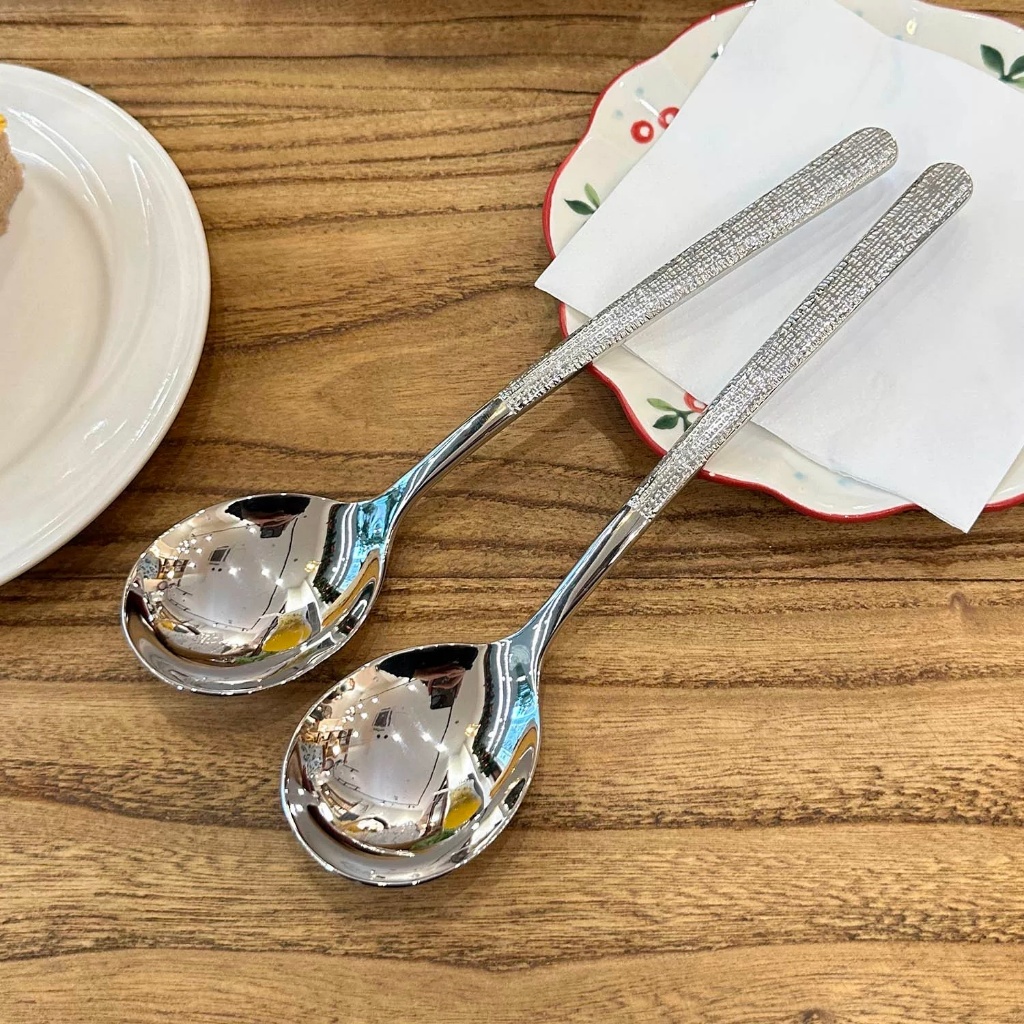 Thìa Inox Phong Cách Sang Trọng Ăn Cơm Canh Cao Cấp Thìa Vân Cán CKM57