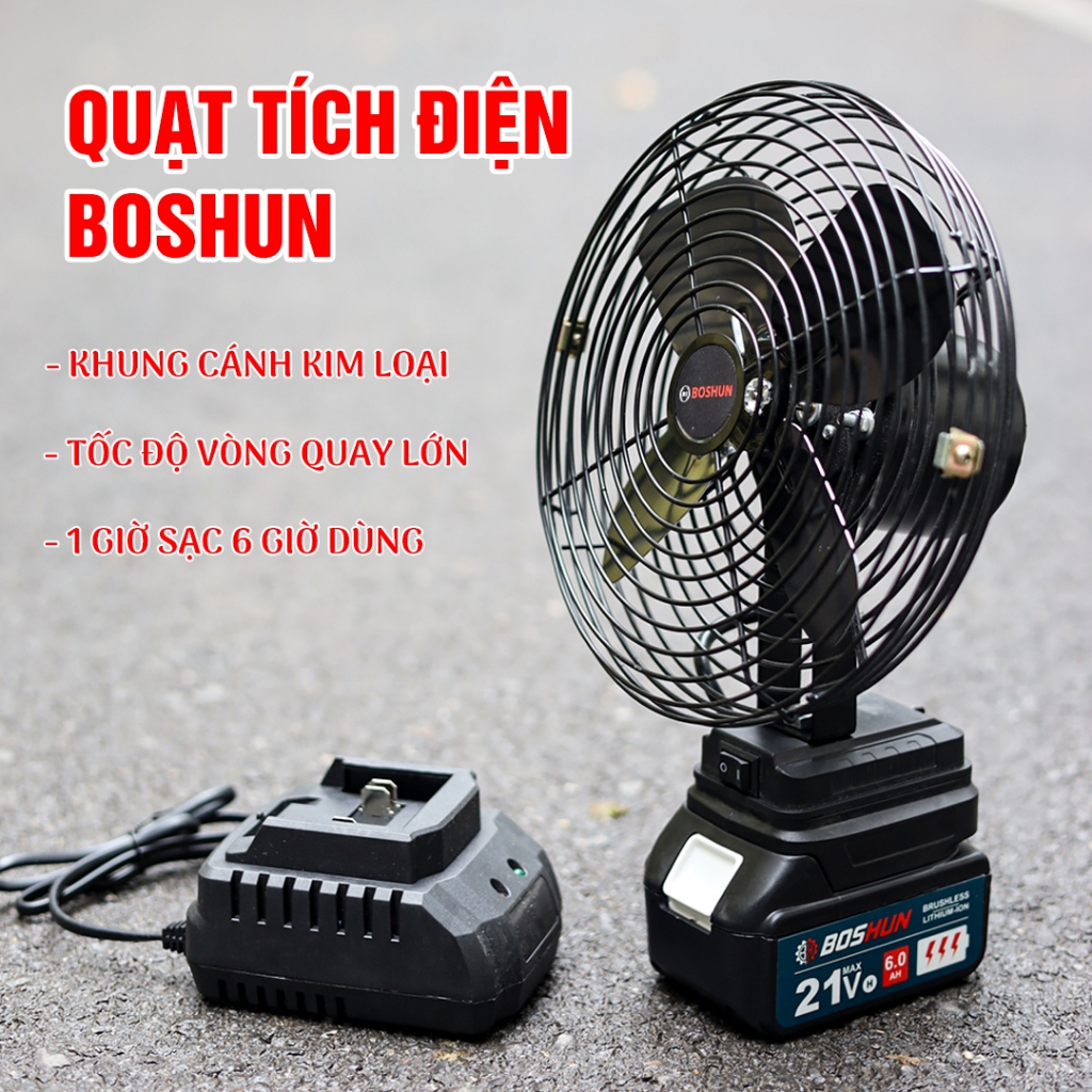 [Không Xoay] Quạt dùng pin BOSHUN BS-Q08, 2 Cấp Độ Gió, Lồng quạt 8inch, Sử Dụng Liên Tục 6 Tiếng