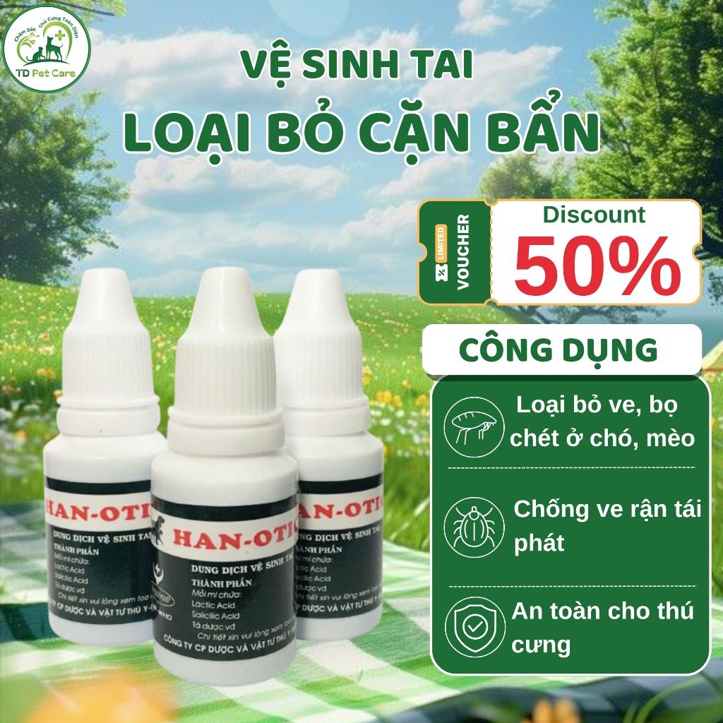Dung Dịch Vệ Sinh Tai Hết Bẩn Ngừa VIêm Thối Tai Cho Chó Mèo Han-Otic - Lọ Vệ Sinh Làm Sạch Tai Chó Mèo TD Pet