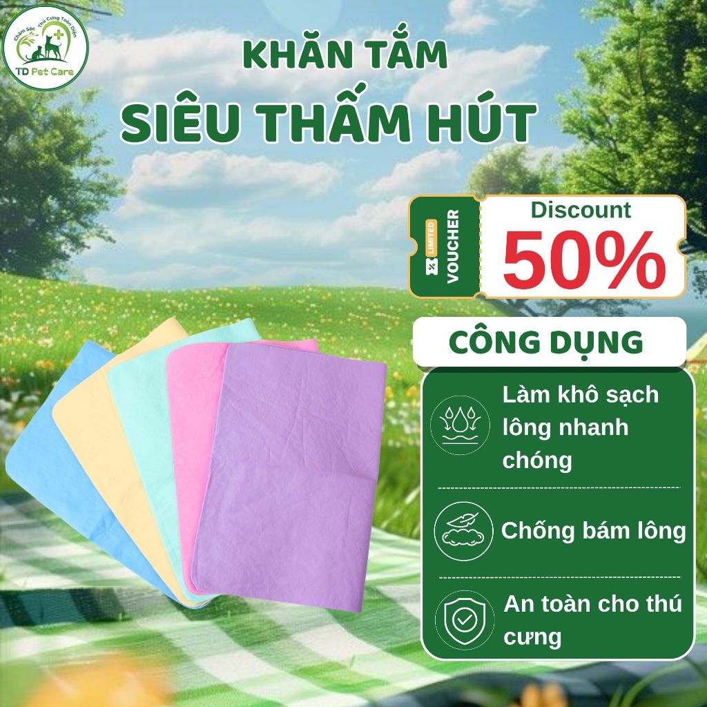 Khăn Tắm Cho Thú Cưng Sợi Nhỏ Siêu Thấm - Khăn Tắm Lau Khô Không Phai Cho Chó Mèo TD Pet Care