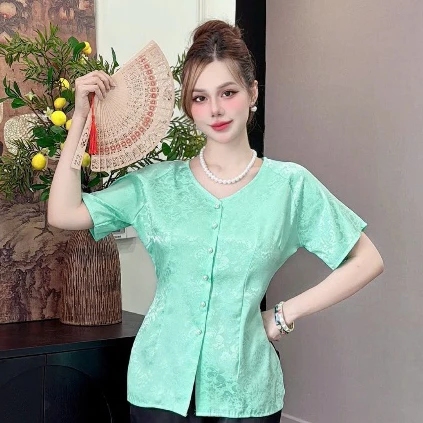 ANH MỸ - Áo lẻ - bà ba nữ cổ tim gài nút tay ngắn chất liệu gấm SP0337-1 - BÀ BA ANH MỸ