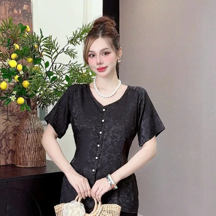 ANH MỸ - Áo lẻ - bà ba nữ cổ tim gài nút tay ngắn chất liệu gấm SP0337-1 - BÀ BA ANH MỸ