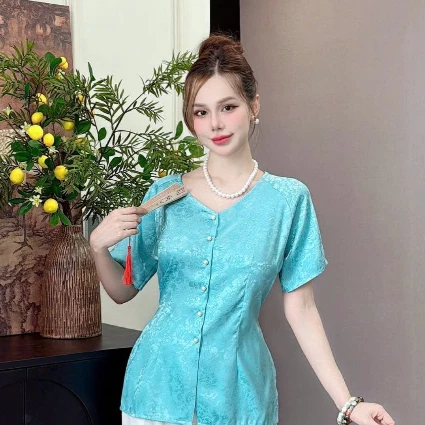 ANH MỸ - Áo lẻ - bà ba nữ cổ tim gài nút tay ngắn chất liệu gấm SP0337-1 - BÀ BA ANH MỸ