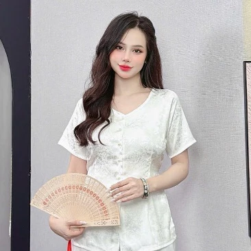 ANH MỸ - Áo lẻ - bà ba nữ cổ tim gài nút tay ngắn chất liệu gấm SP0337-1 - BÀ BA ANH MỸ