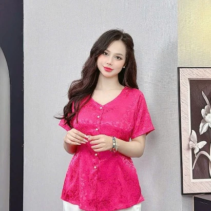ANH MỸ - Áo lẻ - bà ba nữ cổ tim gài nút tay ngắn chất liệu gấm SP0337-1 - BÀ BA ANH MỸ