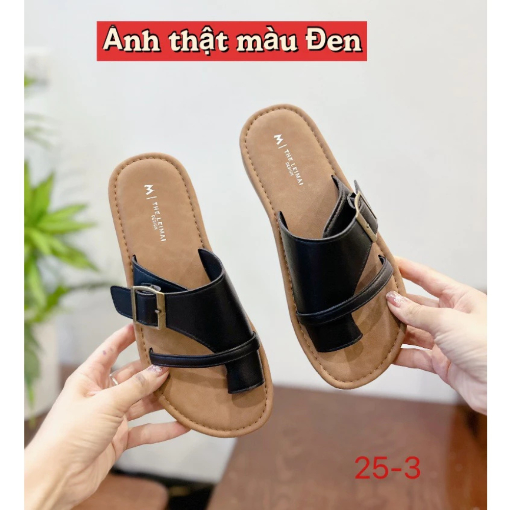 Dép Lê Xỏ Ngón Nữ Nửa Quai Dây Ngang Đế Bệt Cao 2cm Đen Kem Trắng || Dép Xỏ Ngón Khuy Vuông Mã N24