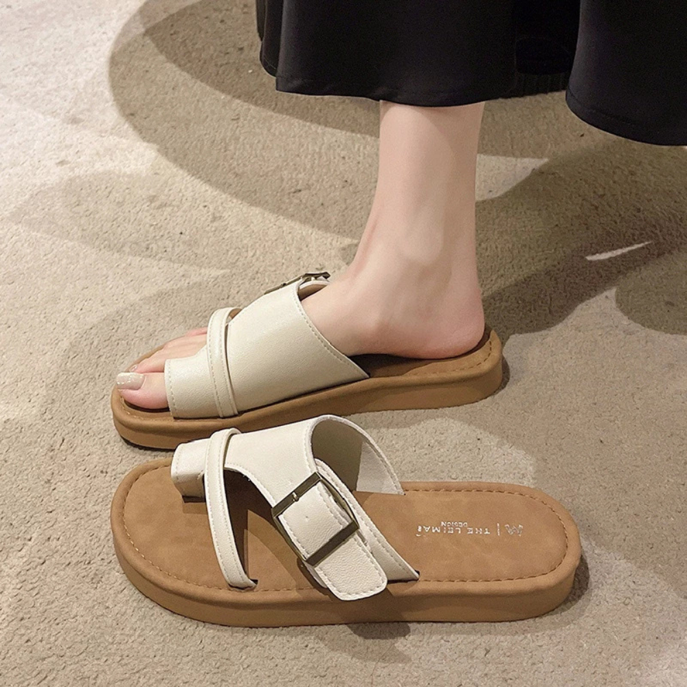 Dép Lê Xỏ Ngón Nữ Nửa Quai Dây Ngang Đế Bệt Cao 2cm Đen Kem Trắng || Dép Xỏ Ngón Khuy Vuông Mã N24