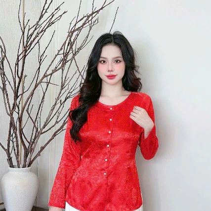 ANH MỸ - Áo lẻ - bà ba nữ cổ tròn nút gài tay dài chất liệu gấm SP0338-1-BÀ BA ANH MỸ