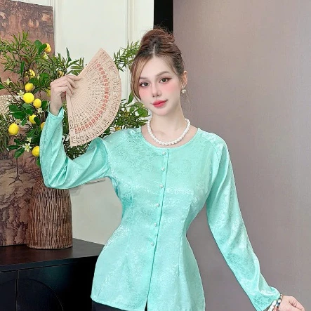 ANH MỸ - Áo lẻ - bà ba nữ cổ tròn nút gài tay dài chất liệu gấm SP0338-1-BÀ BA ANH MỸ
