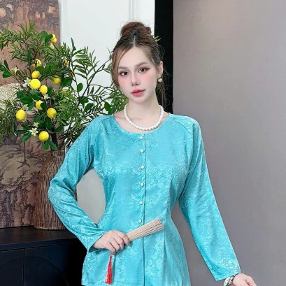 ANH MỸ - Áo lẻ - bà ba nữ cổ tròn nút gài tay dài chất liệu gấm SP0338-1-BÀ BA ANH MỸ