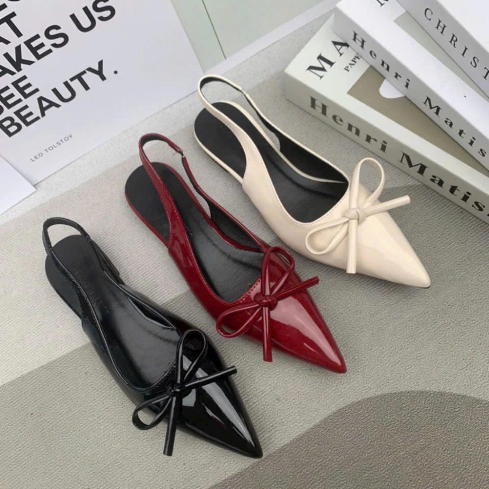 Giày Sục Nữ Mũi Nhọn Hở Gót Phối Nơ Chất Da Bóng Đế Bệt Màu Trắng Đen Đỏ || Mã N22