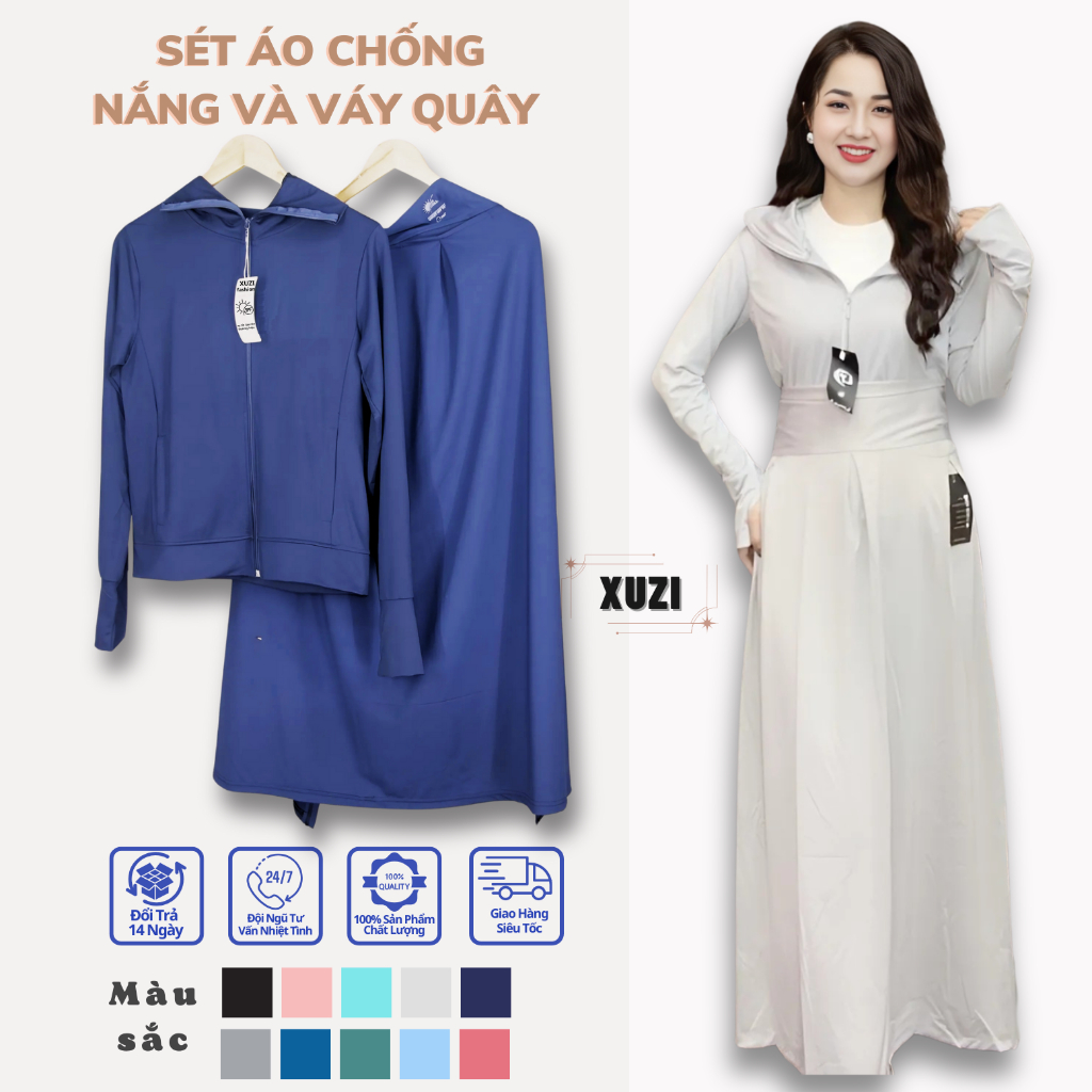 Sét áo chống nắng nữ 2 lớp combo áo khoác chống nắng và váy quây toàn thân vải thông hơi dày dặn co giãn tốt bảo vệ da