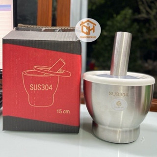 Bộ Chày Cối Inox 304 Có Nắp Đậy, Chày Cối Nguyên Khối Dã Đồ Cực Nhuyễn Mịn Tiện Lợi Cho Gia Đình Cam Homeware