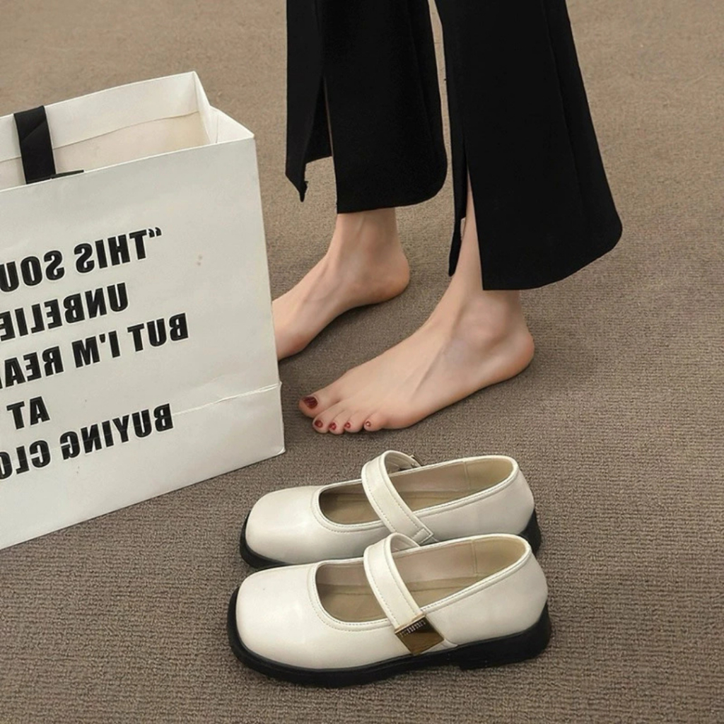 Giày Búp Bê Nữ Da Mềm Mũi Vuông Đế Bệt Tag Miu Màu Đen Kem Nâu || Mã N11