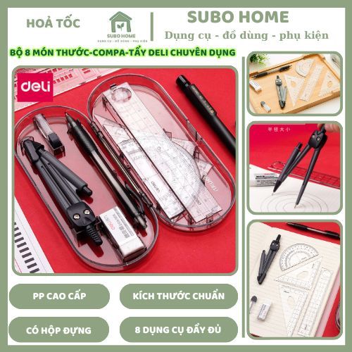 [COMBO 8 MÓN]Bộ thước kẻ compa Deli chuyên dụng cụ học tập cho học sinh ...