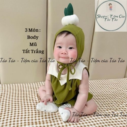 (HÀNG CÓ SẴN )Set bộ bodysuit cover HÀNH XANH kèm mũ tặng tất trắng cho em bé 4-14kg dễ thương chuẩn loại 1 mũ to ......