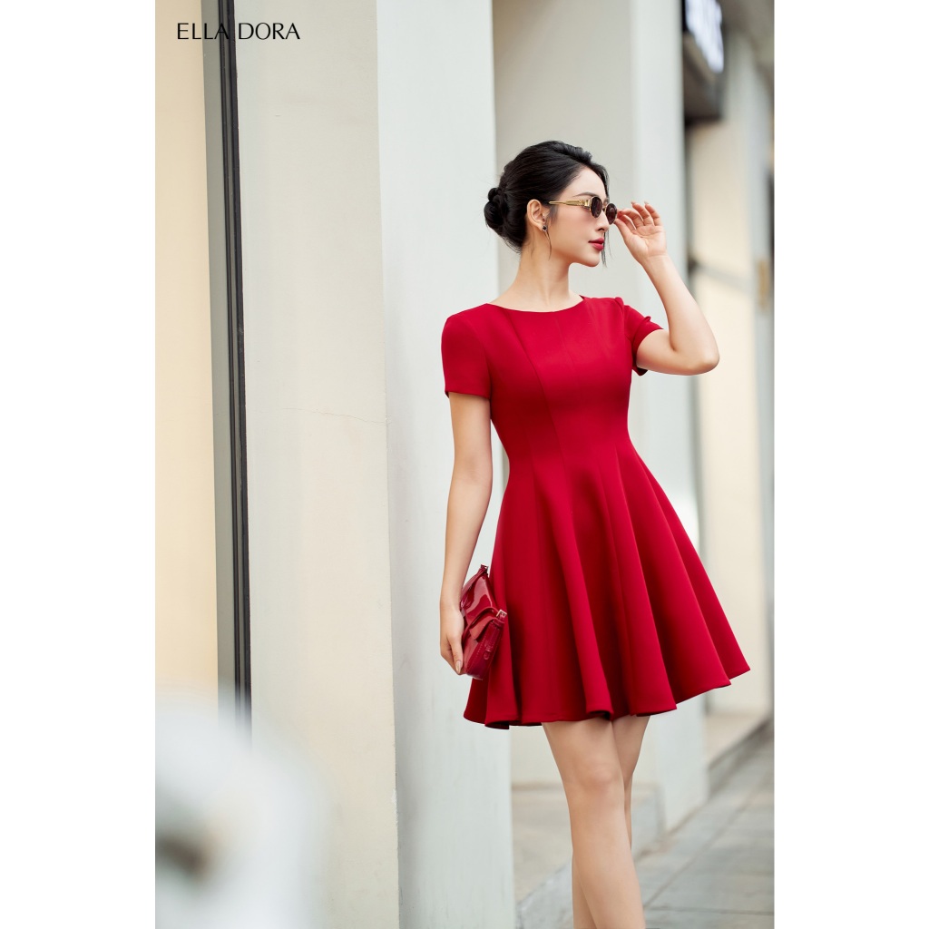 Đầm ngắn nữ ELLA DORA dáng xòe cổ tròn thiết kế thanh lịch tinh tế hai màu ĐỎ/GHI [D208]