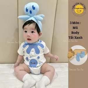 Set bộ bodysuit Bạch Tuộc kèm mũ và tất trắng cho em bé Hàn Quốc 5-13kg dễ thương cute Cho Bé
