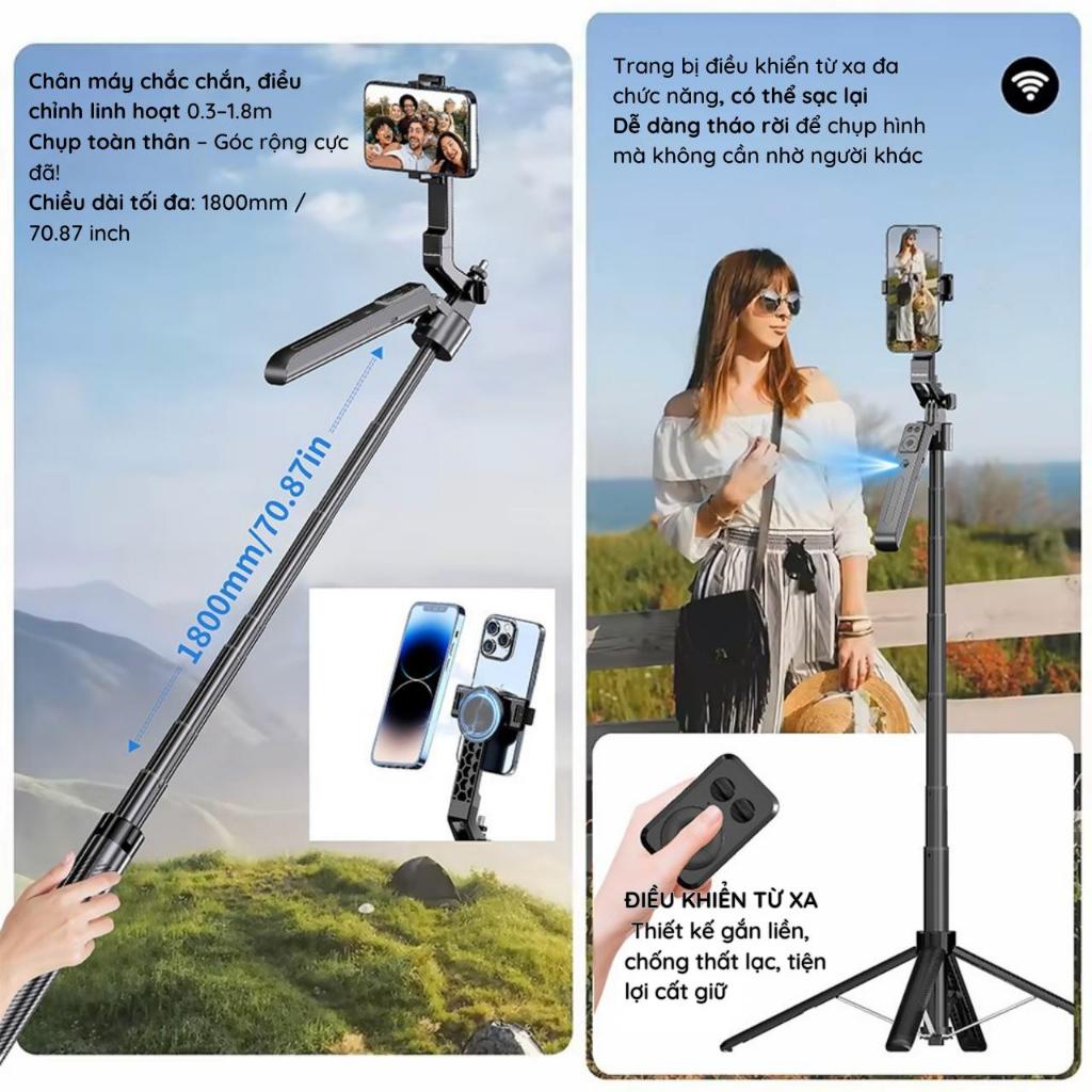 Tiankeplus Gậy Chụp Hình 2in1 tripod Có LED Dài 1M9 Theo Dỗi AI 360°, Tích Hợp Nam Châm, Dùng 2 Máy Cùng Lúc, Bluetooth