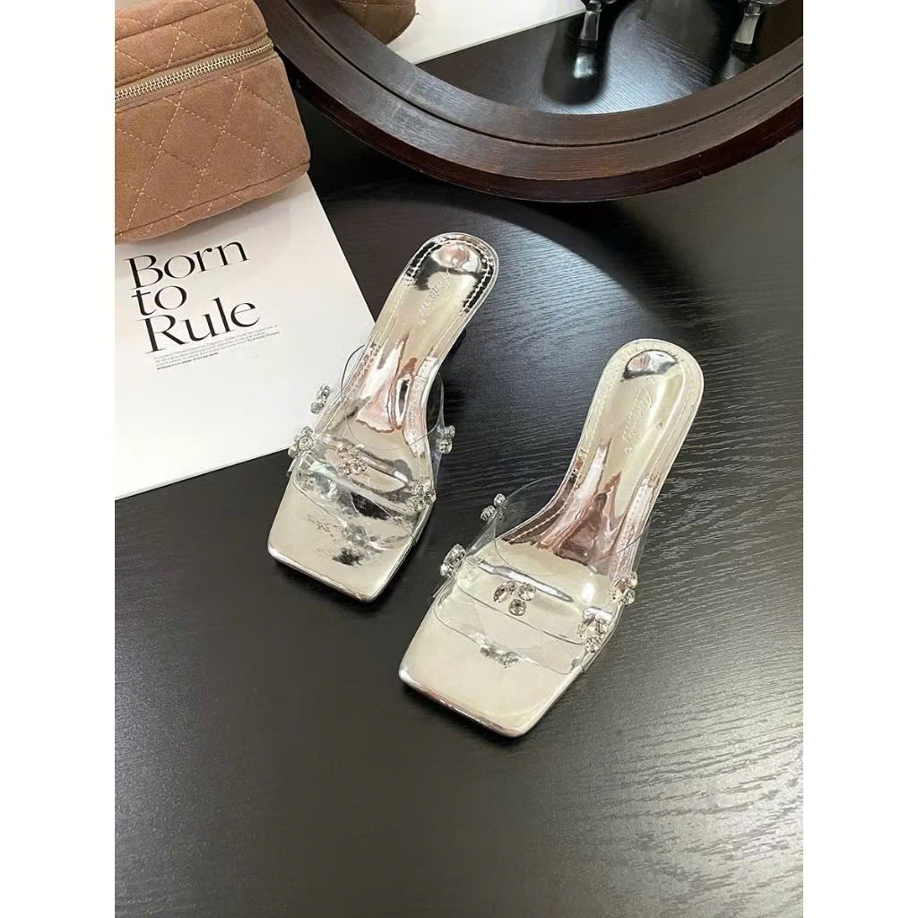 Guốc Cao Gót Mũi Vuông Quai Trong Suốt Đính Charm Màu Bạc Gót Ly 7p Hottrend - Cin Shoes