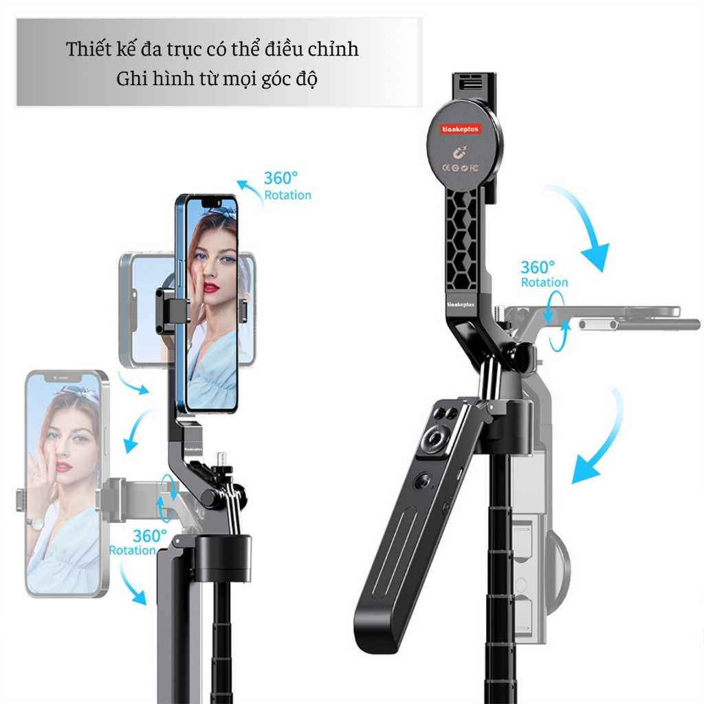 Tiankeplus Gậy Chụp Hình 2in1 tripod Có LED Dài 1M9 Theo Dỗi AI 360°, Tích Hợp Nam Châm, Dùng 2 Máy Cùng Lúc, Bluetooth