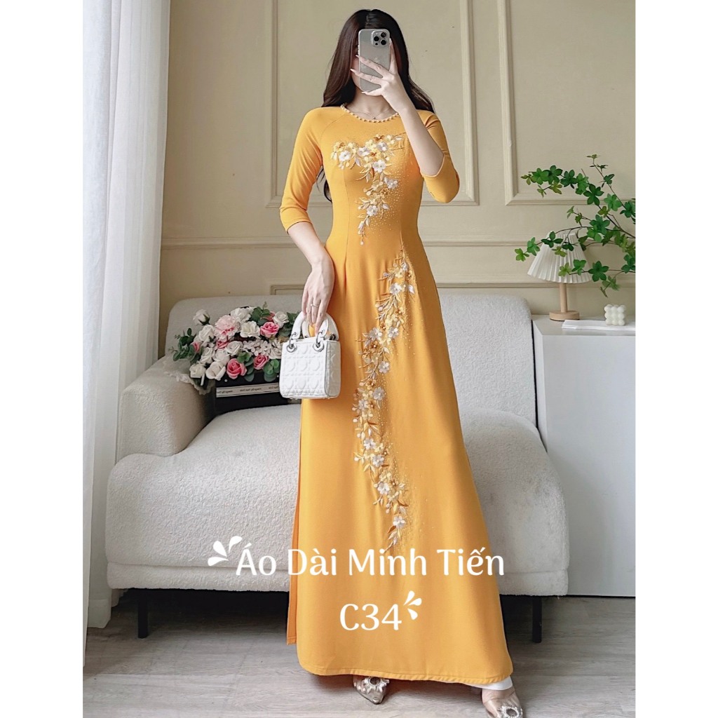 Áo Dài Lụa Mỹ Cao Cấp Họa Tiết Thêu + Đính Kết Đá Thủ Công Tỉ Mỉ - Mã C34