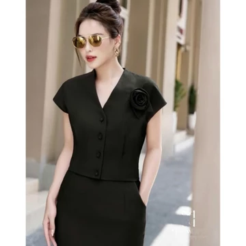 Sét Váy thiết kế cổ V, ngắn tay dáng dài eo xếp li che khuyết điểm bụng to xẻ tà gấu, váy đầm dự tiệc B49 sang chảnh
