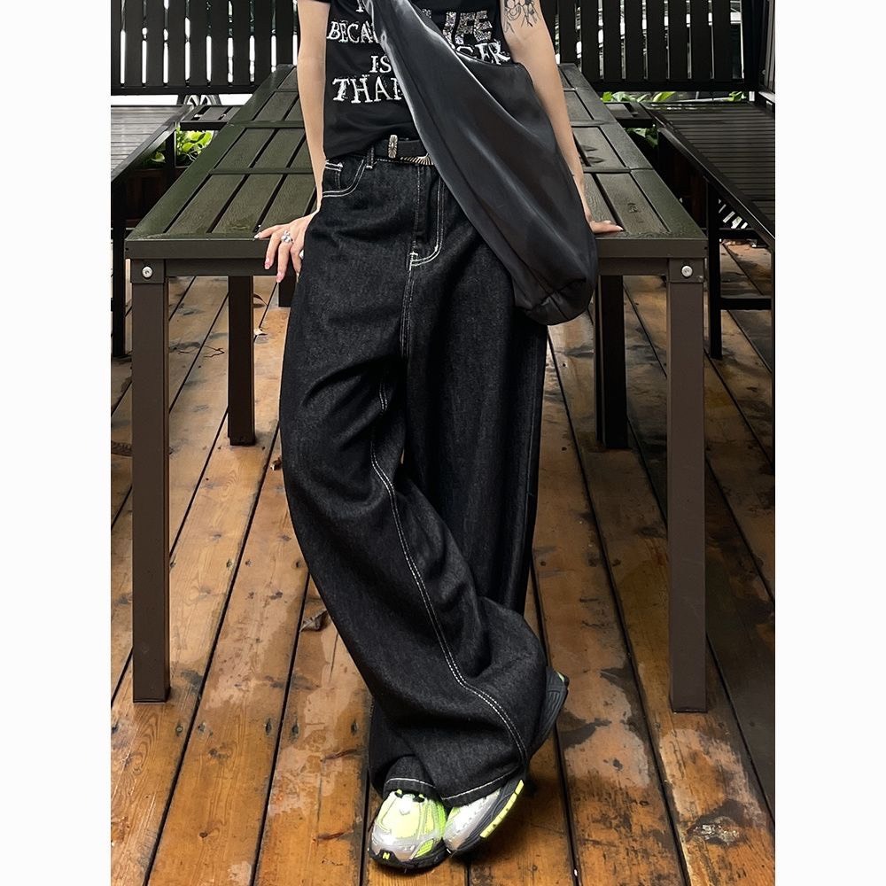 (SẴN) Quần jean ống rộng màu đen trơn phối hoạ tiết thêu phía sau unisex cá tính QJ012 - Tiktik