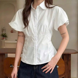 Áo Sơ Mi Bigsize Nữ Thắt Eo Tay Ngắn Phồng Nhẹ Dễ Thương Cho Chubby Đi Học Đi Làm SM192