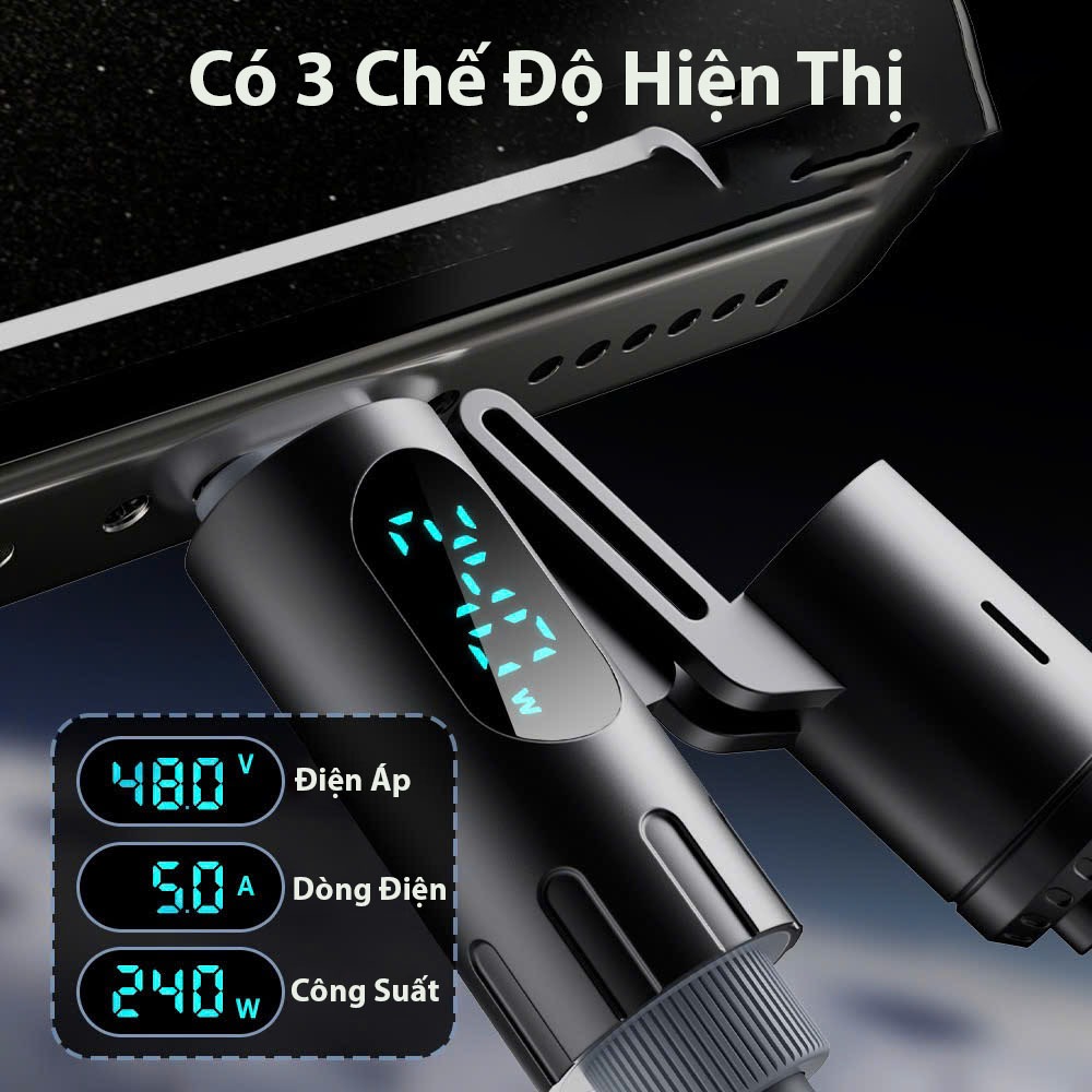 Dây Sạc Nhanh Lò Xo 240W - Đa Năng 4 Trong 1 - Hãng Basemo 2 Mét – Hỗ trợ Carplay - Có Màn Hình Hiển Thị Công Suất