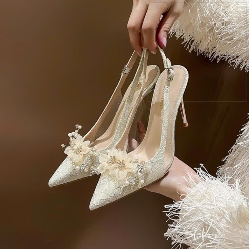 Giày Cao Gót Bít Mũi Phối Mica Mềm, Giày Đính Hoa Cô Dâu Gót Nhọn 7cm, 9 cm - Cin Shoes