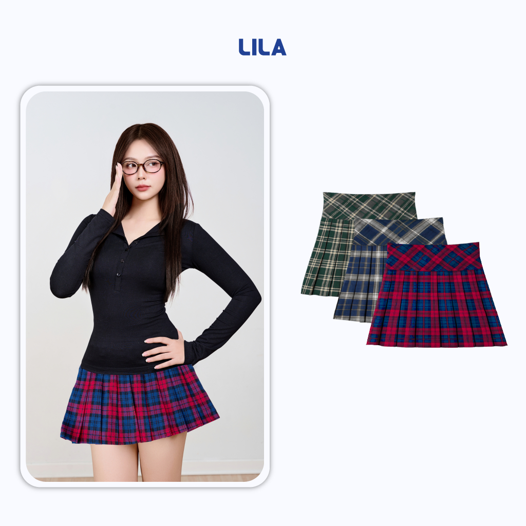 Set áo sơ mi phối chân váy ngắn xếp li kẻ caro Cozy Lila cá tính, set couple đồ đôi chất liệu cotton