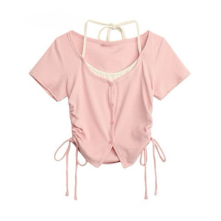 Áo croptop rút dây phối yếm hồng đen xám chất thun tăm VANISA CT070