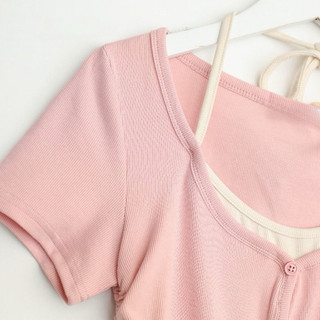 Áo croptop rút dây phối yếm hồng đen xám chất thun tăm VANISA CT070