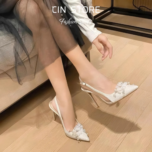 Giày Cao Gót Bít Mũi Phối Mica Mềm, Giày Đính Hoa Cô Dâu Gót Nhọn 7cm, 9 cm - Cin Shoes
